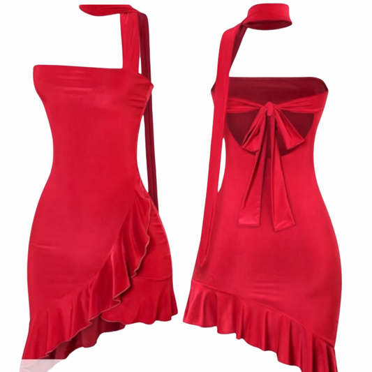 Strapless Neck Sash Mini Asymmetrical Red Dress