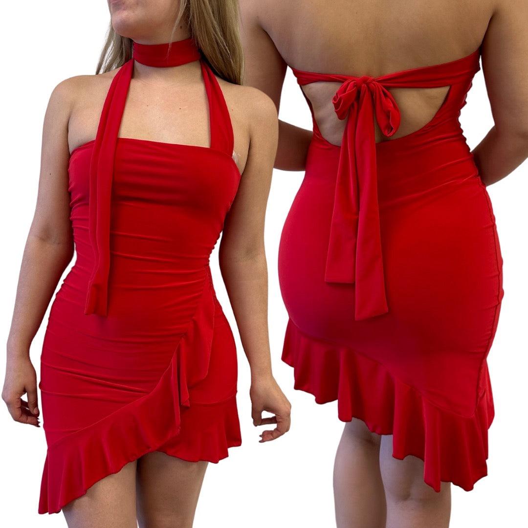 Strapless Neck Sash Mini Asymmetrical Red Dress