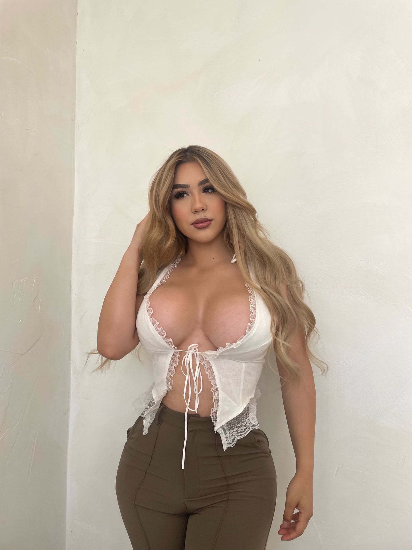 White Lace Tie Up Top